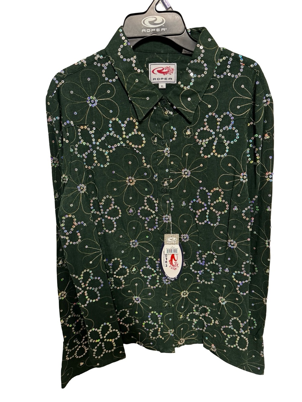 Roper Dark Green Long-Sleeve Floral Button-Up Shirt with Embellishments